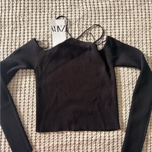 Zara Ribbed cold Shoulder Long Sleeve knit Top Black NWT Size M